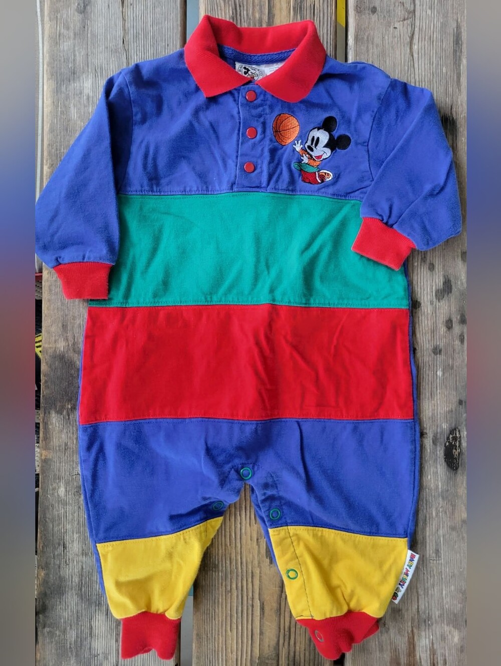 VINTAGE BABY MICKEY & CO. / DISNEY SZ 12M VGUC COLORBLOCK 1pc Romper Collar